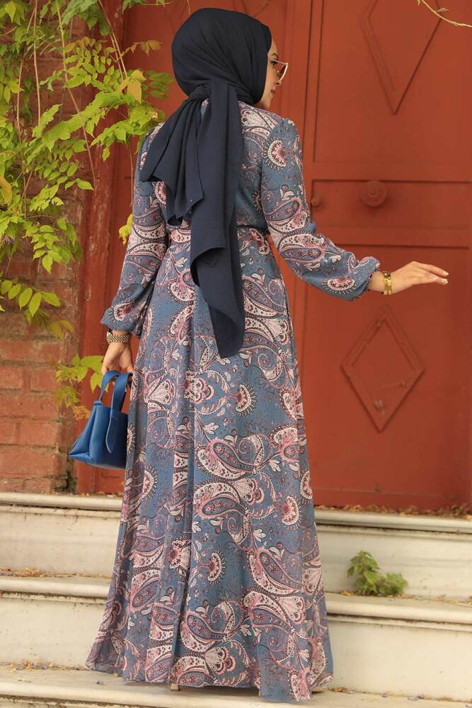 Neva Style - Çiçek Desenli İndigo Mavisi Tesettür Elbise 279081IM - 3