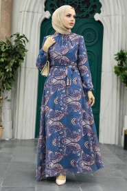 Neva Style - Çiçek Desenli İndigo Mavisi Tesettür Elbise 279081IM - Thumbnail