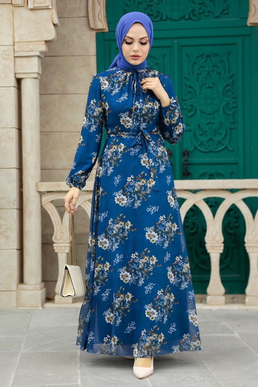 Neva Style - Çiçek Desenli İndigo Mavisi Tesettür Elbise 279082IM