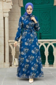 Neva Style - Çiçek Desenli İndigo Mavisi Tesettür Elbise 279082IM - Thumbnail
