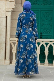 Neva Style - Çiçek Desenli İndigo Mavisi Tesettür Elbise 279082IM - Thumbnail