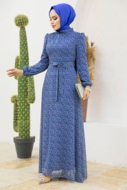 Neva Style - Çiçek Desenli İndigo Mavisi Tesettür Elbise 279311IM - Thumbnail