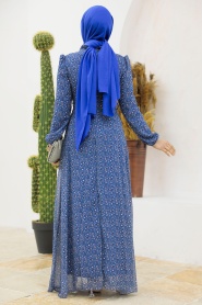 Neva Style - Çiçek Desenli İndigo Mavisi Tesettür Elbise 279311IM - Thumbnail