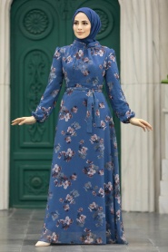 Neva Style - Çiçek Desenli İndigo Mavisi Tesettür Elbise 279317IM - Thumbnail