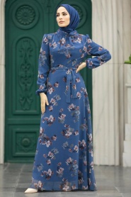 Neva Style - Çiçek Desenli İndigo Mavisi Tesettür Elbise 279317IM - Thumbnail