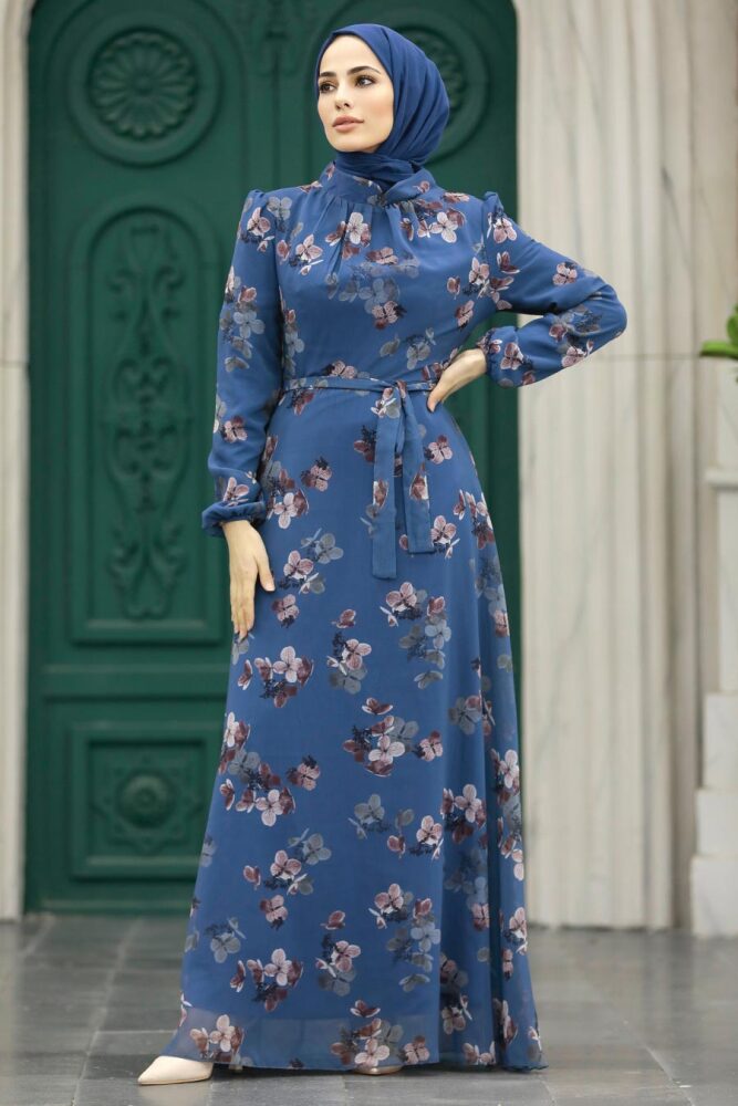 Neva Style - Çiçek Desenli İndigo Mavisi Tesettür Elbise 279317IM - 1