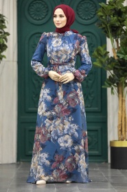 Neva Style - Çiçek Desenli İndigo Mavisi Tesettür Elbise 279318IM - Thumbnail