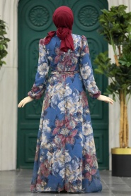 Neva Style - Çiçek Desenli İndigo Mavisi Tesettür Elbise 279318IM - Thumbnail