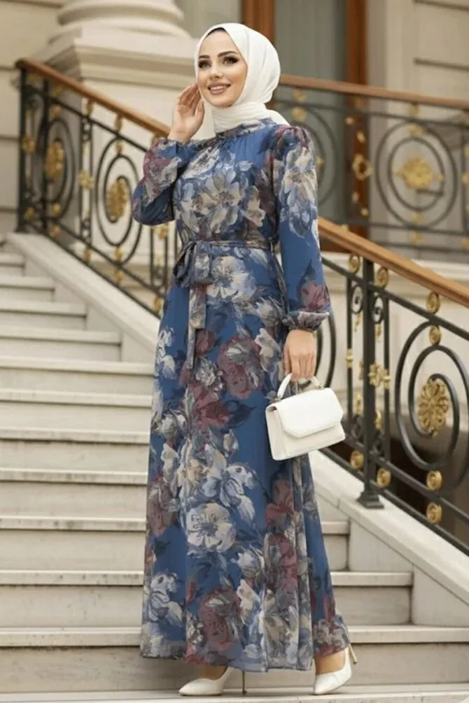 Robe longue et couvrante à motifs floraux – Bleu indigo 279318IM - 1
