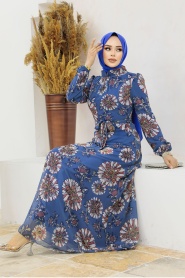 Neva Style - Çiçek Desenli İndigo Mavisi Tesettür Elbise 279320IM - Thumbnail