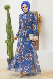 Neva Style - Çiçek Desenli İndigo Mavisi Tesettür Elbise 279320IM - Thumbnail