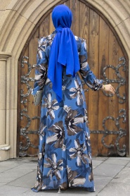 Neva Style - Çiçek Desenli İndigo Mavisi Tesettür Elbise 279322IM - Thumbnail