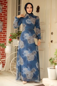 Neva Style - Çiçek Desenli İndigo Mavisi Tesettür Elbise 279323IM - Thumbnail