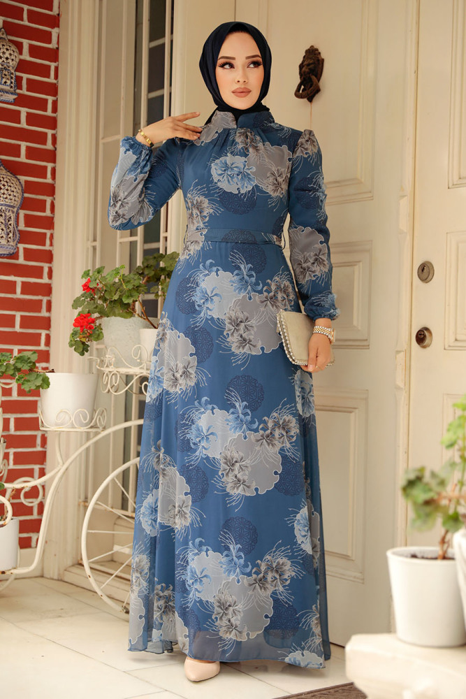 Neva Style - Çiçek Desenli İndigo Mavisi Tesettür Elbise 279323IM - 2