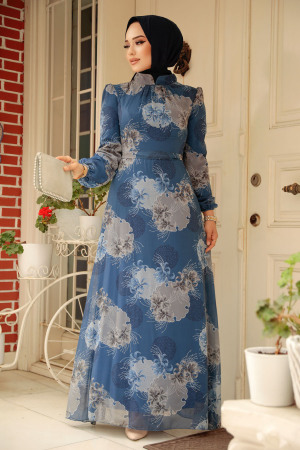 Neva Style - Çiçek Desenli İndigo Mavisi Tesettür Elbise 279323IM - 1