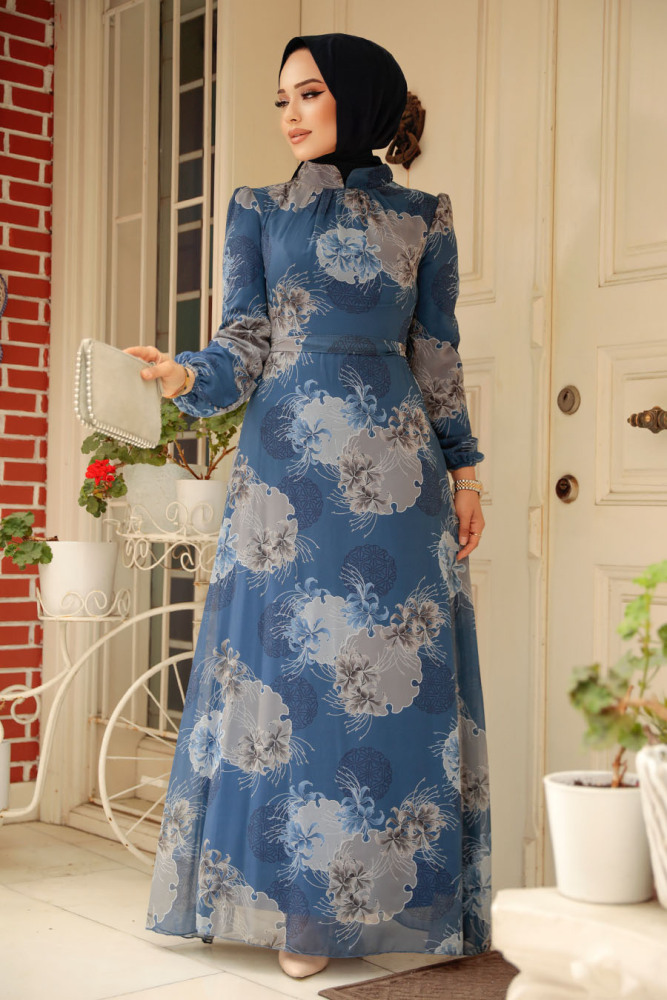 Neva Style - Çiçek Desenli İndigo Mavisi Tesettür Elbise 279323IM - 1