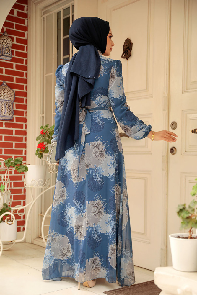 Neva Style - Çiçek Desenli İndigo Mavisi Tesettür Elbise 279323IM - 4
