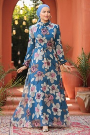 Neva Style - Çiçek Desenli İndigo Mavisi Tesettür Elbise 279325IM - Thumbnail