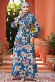 Neva Style - Çiçek Desenli İndigo Mavisi Tesettür Elbise 279325IM - Thumbnail