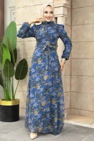 Neva Style - Çiçek Desenli İndigo Mavisi Tesettür Elbise 279327IM - Thumbnail