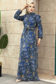 Neva Style - Çiçek Desenli İndigo Mavisi Tesettür Elbise 279327IM - Thumbnail