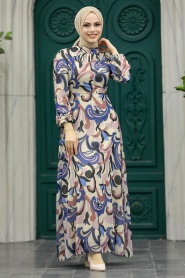 Neva Style - Çiçek Desenli İndigo Mavisi Tesettür Elbise 27936IM - Thumbnail