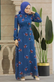 Neva Style - Çiçek Desenli İndigo Mavisi Tesettür Elbise 27937IM - Thumbnail