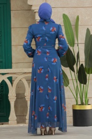 Neva Style - Çiçek Desenli İndigo Mavisi Tesettür Elbise 27937IM - Thumbnail
