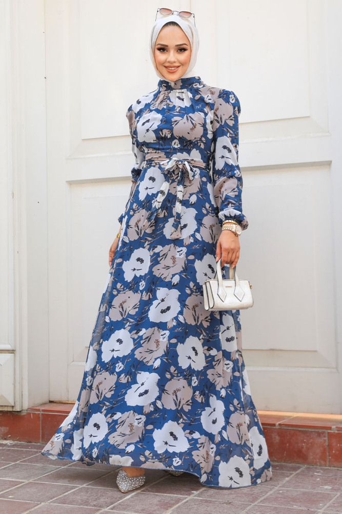Neva Style - Çiçek Desenli İndigo Mavisi Tesettür Elbise 27939IM - 2