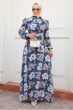 Neva Style - Çiçek Desenli İndigo Mavisi Tesettür Elbise 27939IM - 1