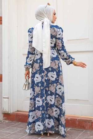 Neva Style - Çiçek Desenli İndigo Mavisi Tesettür Elbise 27939IM - 3