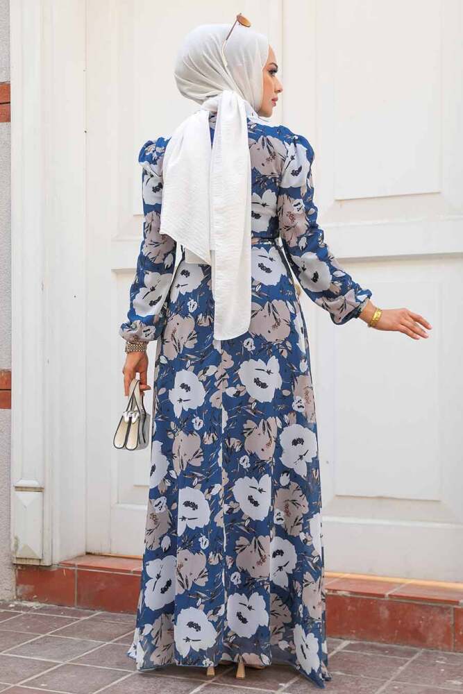 Neva Style - Çiçek Desenli İndigo Mavisi Tesettür Elbise 27939IM - 3