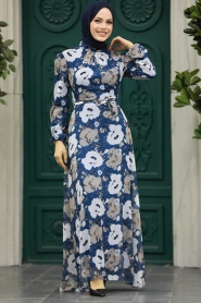 Neva Style - Çiçek Desenli İndigo Mavisi Tesettür Elbise 27939IM - Thumbnail