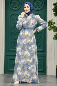 Neva Style - Çiçek Desenli İndigo Mavisi Tesettür Elbise 27944IM - Thumbnail