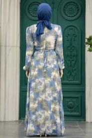 Neva Style - Çiçek Desenli İndigo Mavisi Tesettür Elbise 27944IM - Thumbnail