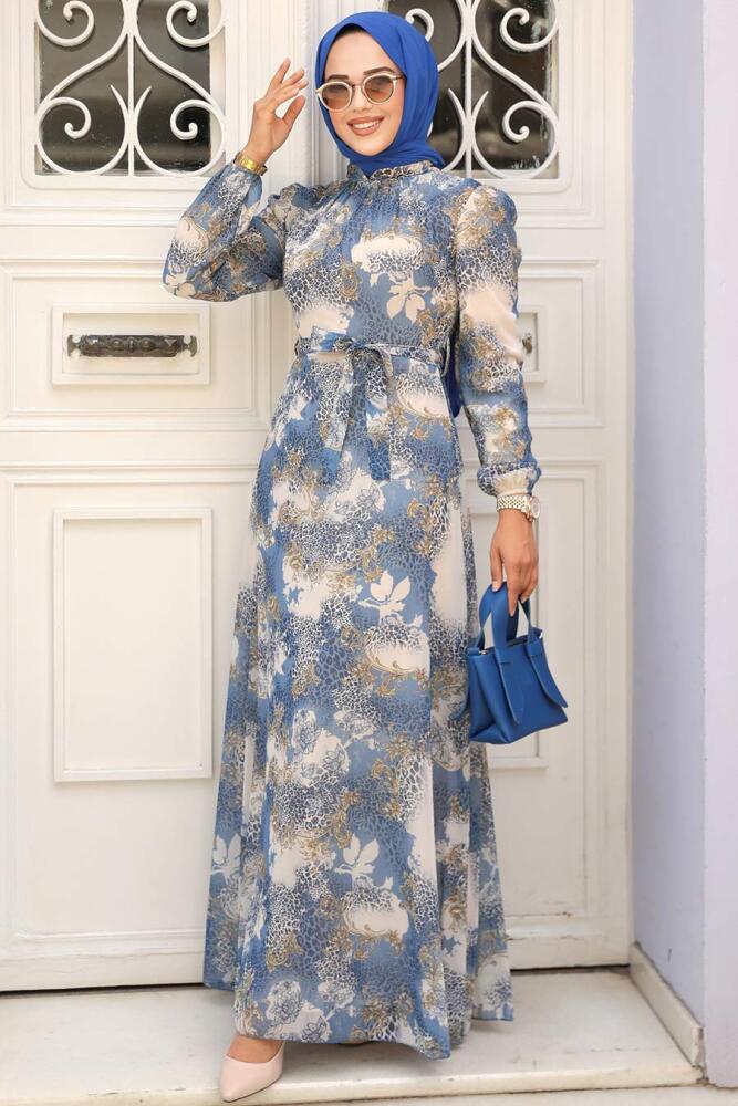 Neva Style - Çiçek Desenli İndigo Mavisi Tesettür Elbise 27944IM - 1