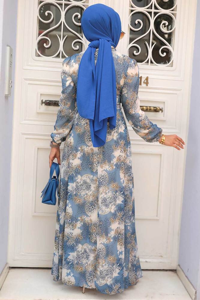 Neva Style - Çiçek Desenli İndigo Mavisi Tesettür Elbise 27944IM - 3