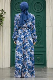 Neva Style - Çiçek Desenli İndigo Mavisi Tesettür Elbise 29710IM - Thumbnail