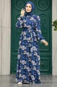 Neva Style - Çiçek Desenli İndigo Mavisi Tesettür Elbise 29711IM - Thumbnail