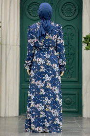 Neva Style - Çiçek Desenli İndigo Mavisi Tesettür Elbise 29711IM - Thumbnail