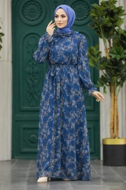 Neva Style - Çiçek Desenli İndigo Mavisi Tesettür Elbise 29712IM - Thumbnail