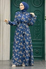 Neva Style - Çiçek Desenli İndigo Mavisi Tesettür Elbise 29713IM - Thumbnail