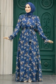 Neva Style - Çiçek Desenli İndigo Mavisi Tesettür Elbise 29713IM - Thumbnail
