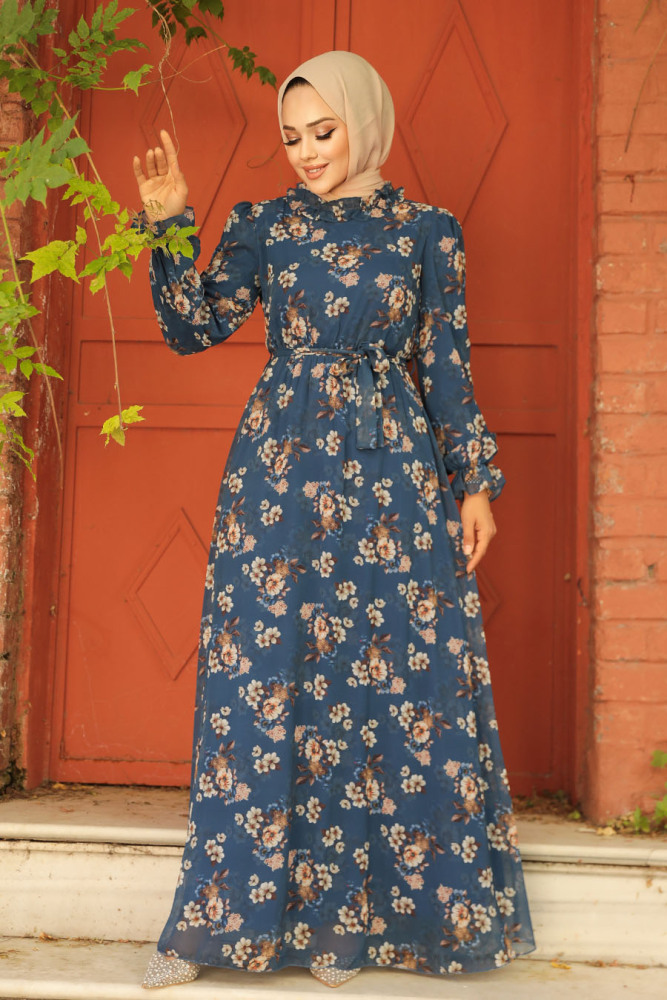 Neva Style - Çiçek Desenli İndigo Mavisi Tesettür Elbise 29713IM - 1