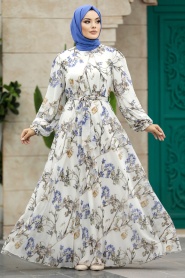 Neva Style - Çiçek Desenli İndigo Mavisi Tesettür Elbise 33085IM - Thumbnail