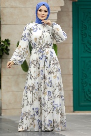 Neva Style - Çiçek Desenli İndigo Mavisi Tesettür Elbise 33085IM - Thumbnail