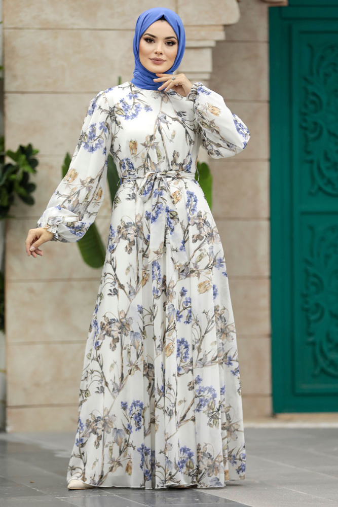  Çiçek Desenli İndigo Mavisi Tesettür Elbise 33085IM - 3