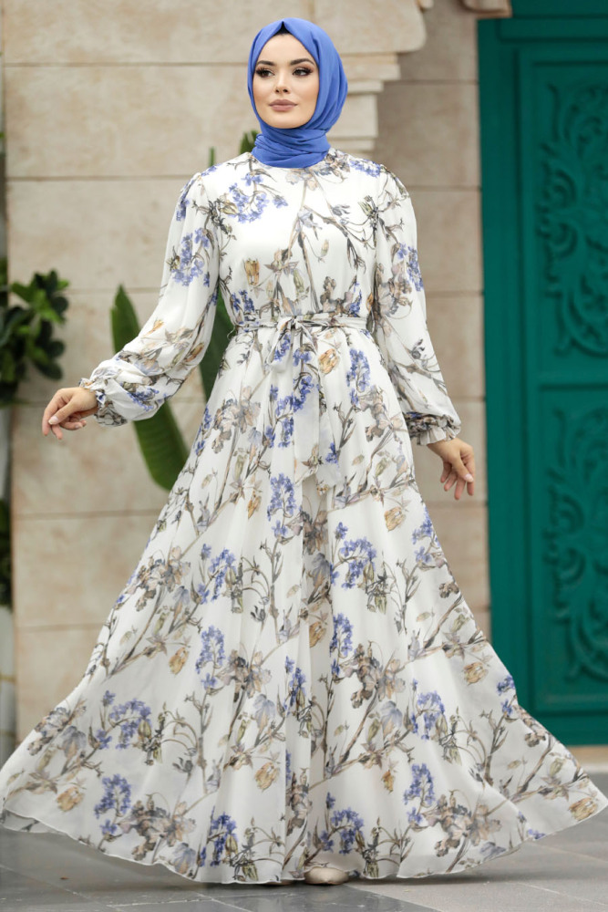  Çiçek Desenli İndigo Mavisi Tesettür Elbise 33085IM - 2