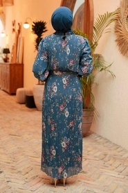 Neva Style - Çiçek Desenli İndigo Mavisi Tesettür Elbise 33420IM - Thumbnail