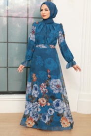 Neva Style - Çiçek Desenli İndigo Mavisi Tesettür Elbise 35461IM - Thumbnail